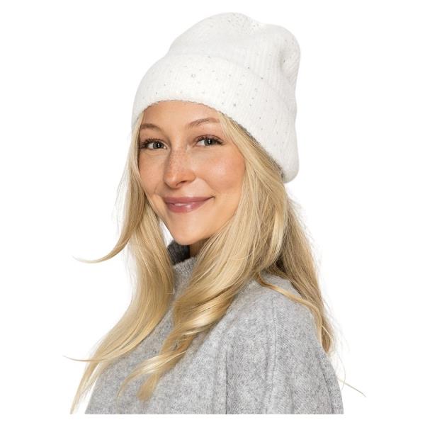 RHINESTONE FUZZY KNIT CUFF BEANIE