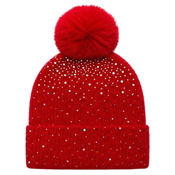 RHINESTONE FUZZY KNIT FAUX FUR POM POM CUFF BEANIE