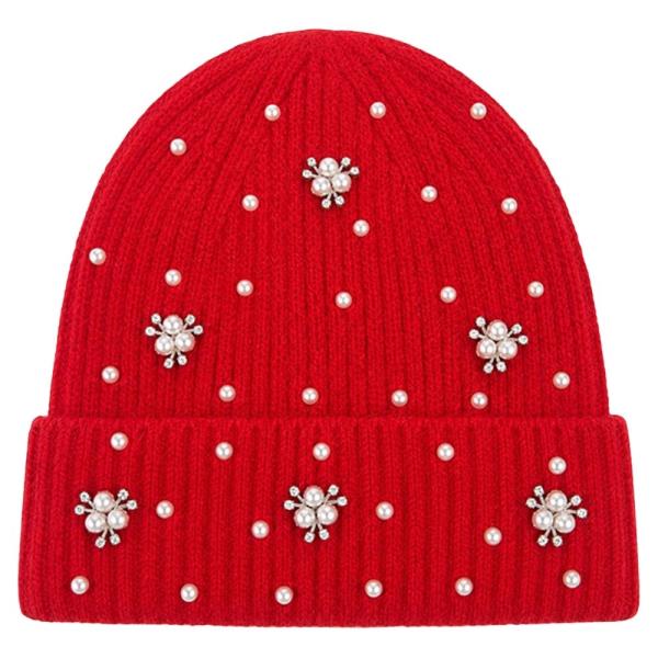 RHINESTONE PEARL SNOWFLAKE RIBBED KNIT CUFF BEANIE