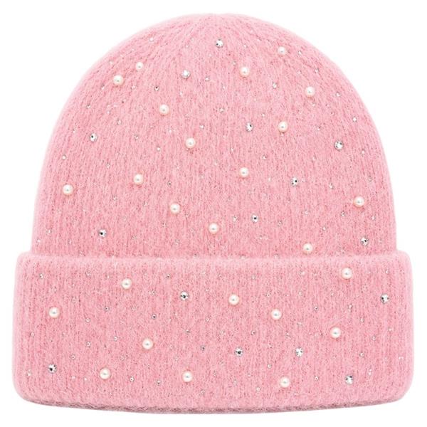 RHINESTONE PEARL FUZZY KNIT CUFF BEANIE
