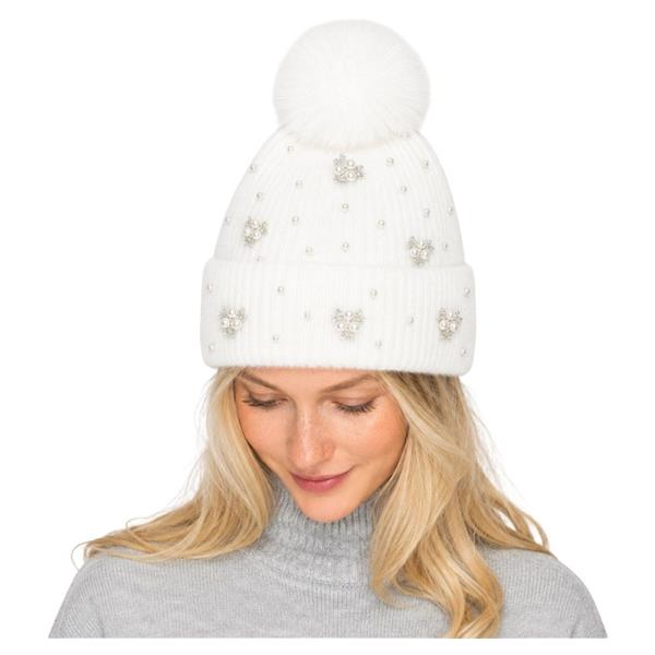 RHINESTONE PEARL SNOWFLAKE FUZZY KNIT FAUX FUR POM POM CUFF BEANIE