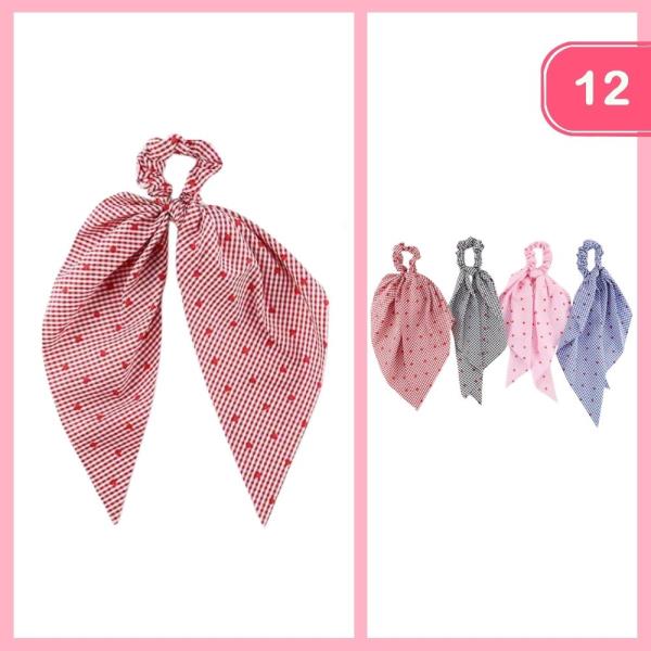 Gingham Heart Long Tail Hair Scrunchie (12 Units)