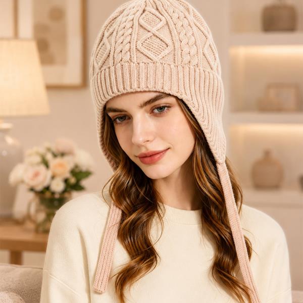 CABLE KNIT EAR FLAP TIE STRAP BEANIE HAT