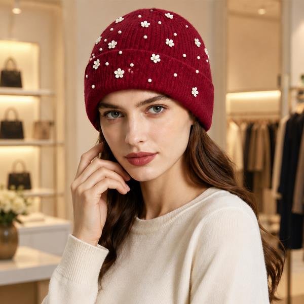 PEARL FLOWER EMBELLISHED RIBBED KNIT CUFFED BEANIE HAT