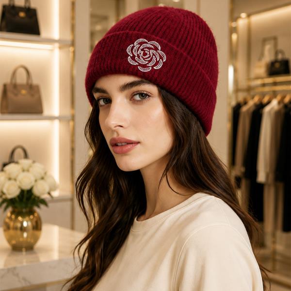 RHINESTONE ROSE RIBBED KNIT CUFFED BEANIE HAT