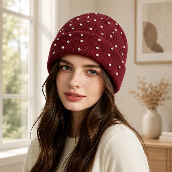 RHINESTONE PEARL RIBBED KNIT CUFFED BEANIE HAT