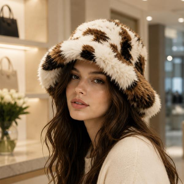 FAUX FUR COW PRINT BUCKET HAT