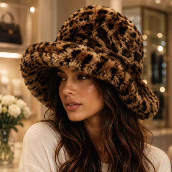 FAUX FUR LEOPARD PRINT BUCKET HAT