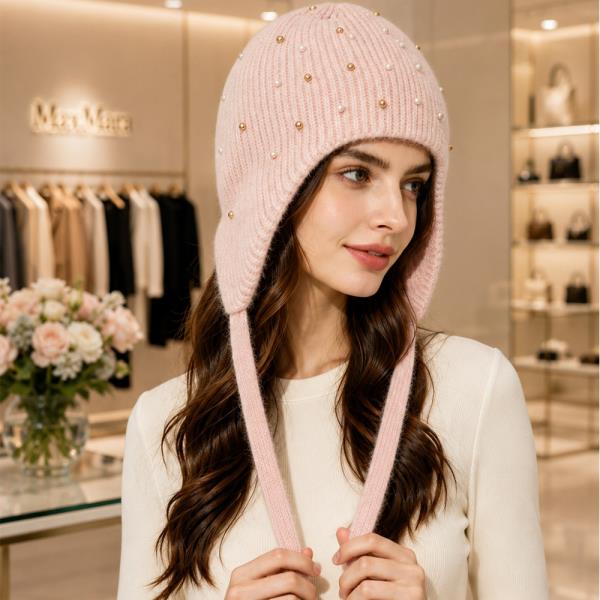 PEARL SUTDDED EAR FLAP TIE STRAP BEANIE HAT