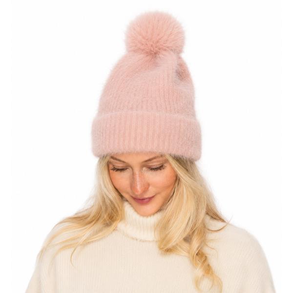 FUZZY POM POM RIBBED CUFF BEANIE