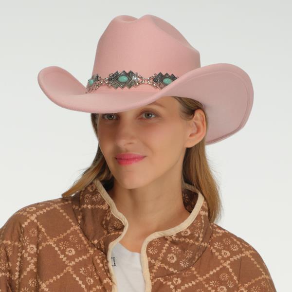 VEGAN FELT COWBOY HAT TURQUIOSE STONE AND ENGRAVED METAL CHAIN LINK