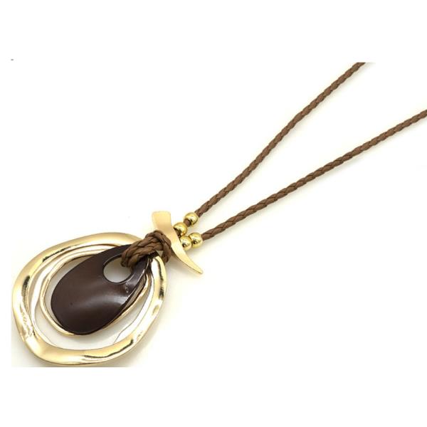 LAYERED ABSTRACT OVAL PENDANT CORD LONG NECKLACE