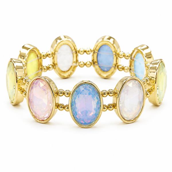 OVAL BEZEL CRYSTAL STONE DOUBLE ROW STRETCH BRACELET