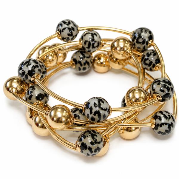 ANIMAL PRINT ROUND BEAD MULTI METAL BAR STRETCH BRACELET SET