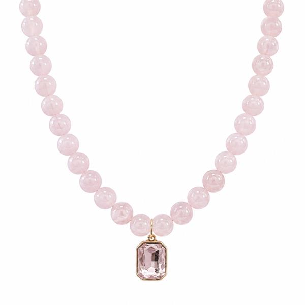 Round Bead Emerald Cut Crystal Pendant Necklace