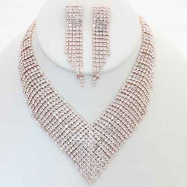 Rhinestone V Necklace Earring Set