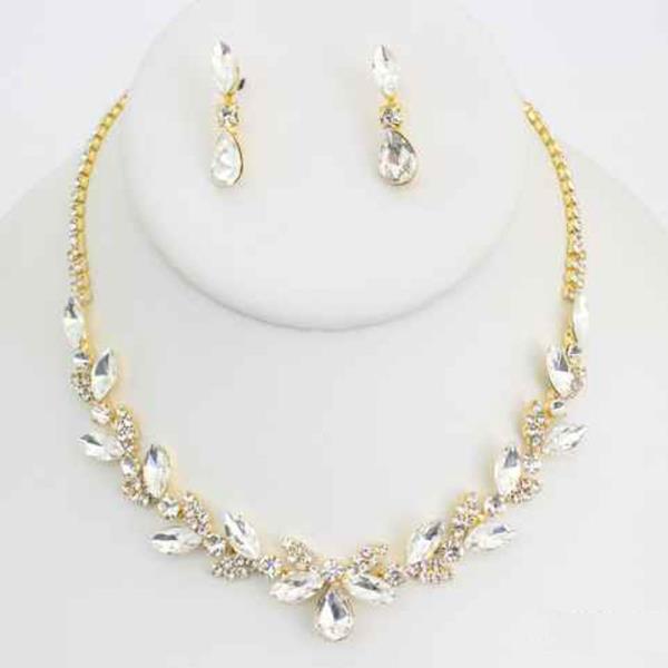 Rhinestone Marquise Leaf Necklace Earring Set