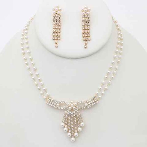 Pearl Rhinestone Cluster Drop Necklace Earring Set