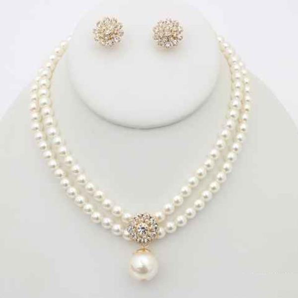 Pearl Rhinestone Pendant Necklace Earring Set