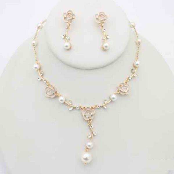 Pearl Rhinestone Rose Y Necklace Earring Set