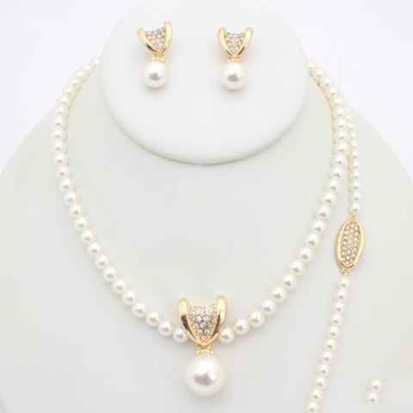 Pearl Rhinestone Bracelet Necklace Earring Set