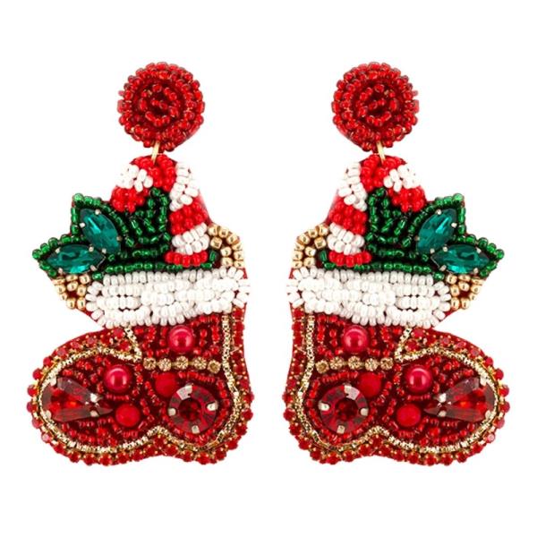 SEED BEAD CRYSTAL STONE PEARL CHRISTMAS STOCKING DANGLE EARRING