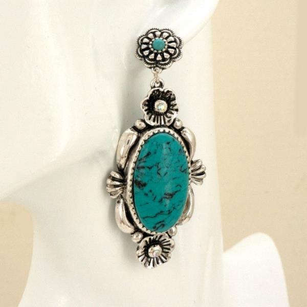 Metal Rhinestone Floral Oval Stone Dangle Earring
