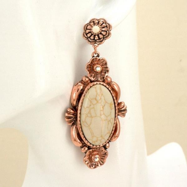 METAL RHINESTONE WESTERN FLORAL OVAL STONE DANGLE EARRING
