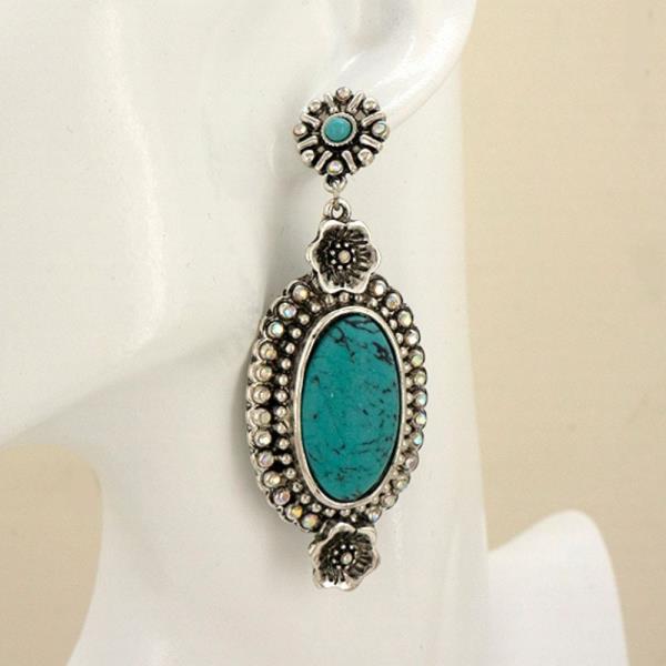 METAL RHINESTONE WESTERN FLORAL OVAL STONE DANGLE EARRING