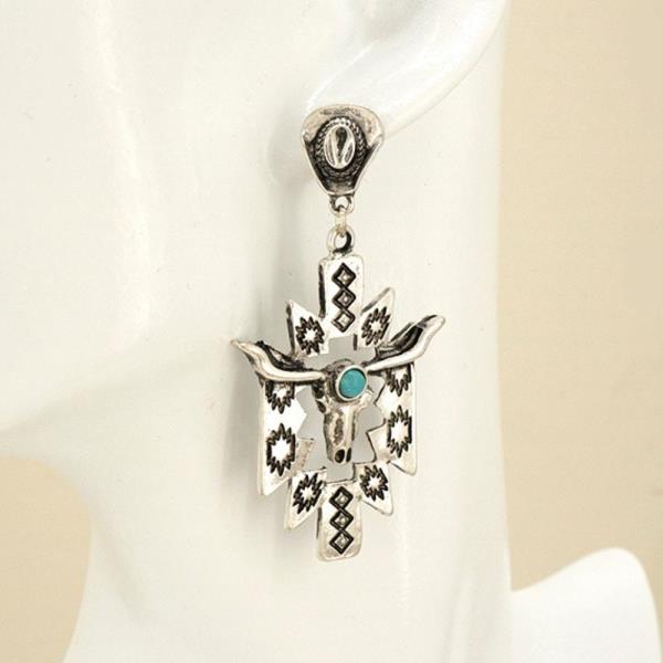 METAL WESTERN GEOMETRIC BULL SKULL DANGLE EARRING