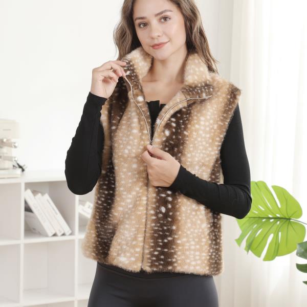 FAUX FUR DEER PRINT VEST WITH ZIPPER