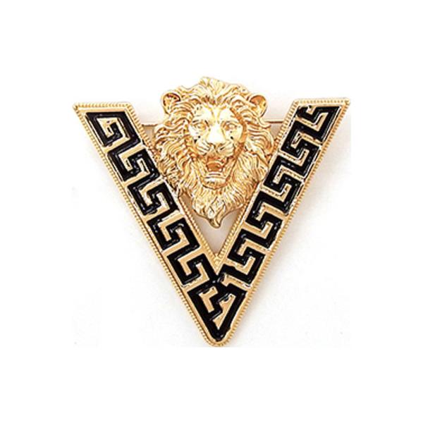 V-SHAPED BROOCH WITH BLACK GREEK KEY PATTERN AND A CENTRAL LION HEAD EMBLEM