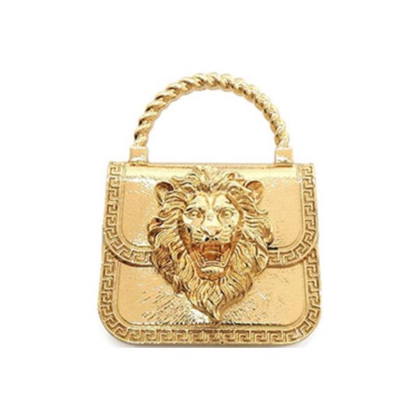 PURSE-SHAPED BROOCH WITH GREEK KEY PATTERN AND A CENTRAL LION HEAD EMBLEM