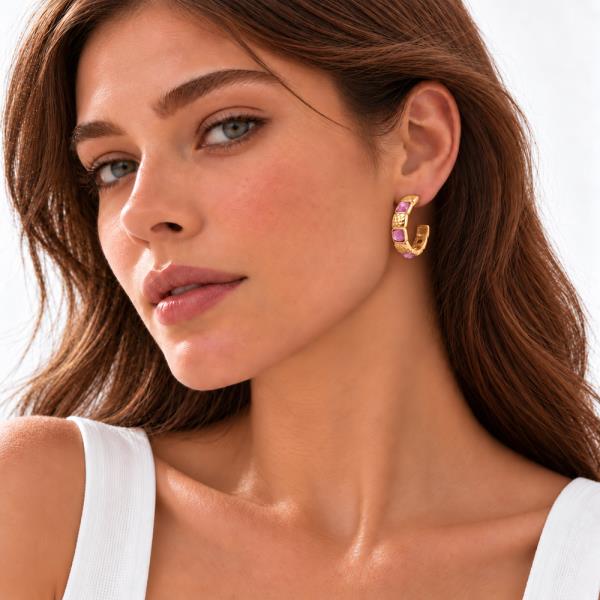 HAMMERED TEXTURED W/ STONE HOOP EARRING