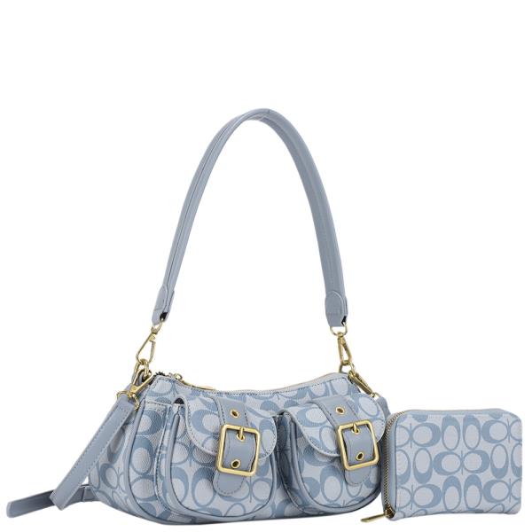 2IN1 OVAL PRINT DUAL BUCKLE SHOULDER BAG W WALLET SET