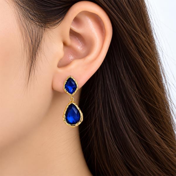 METAL FACETED CRYSTAL STONE DOUBLE TEARDROP DROP EARRING