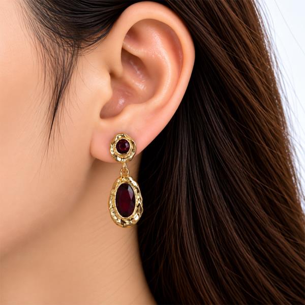 CRYSTAL STONE HAMMERED METAL ROUND OVAL DROP EARRING