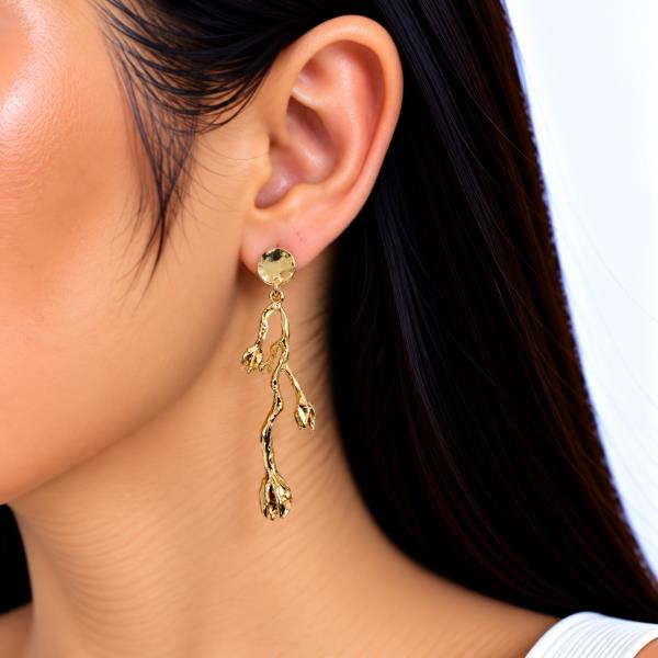 Metal Disc Branch Flower Bud Dangle Earring