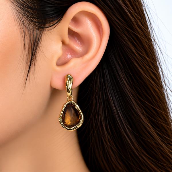 METAL TWISTED FRAME TEARDROP CRYSTAL STONE DANGLE EARRING