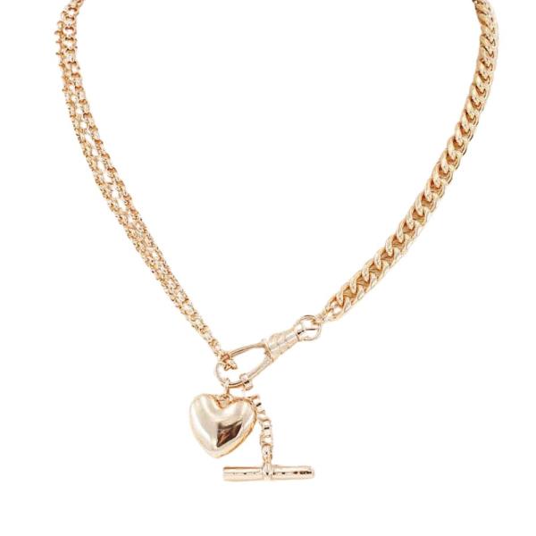 Metal Puffy Heart Charm Toggle Chain Necklace