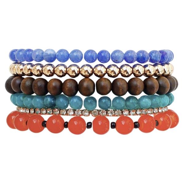 RHINESTONE MIXED BEAD MULTI ROW BRACELET