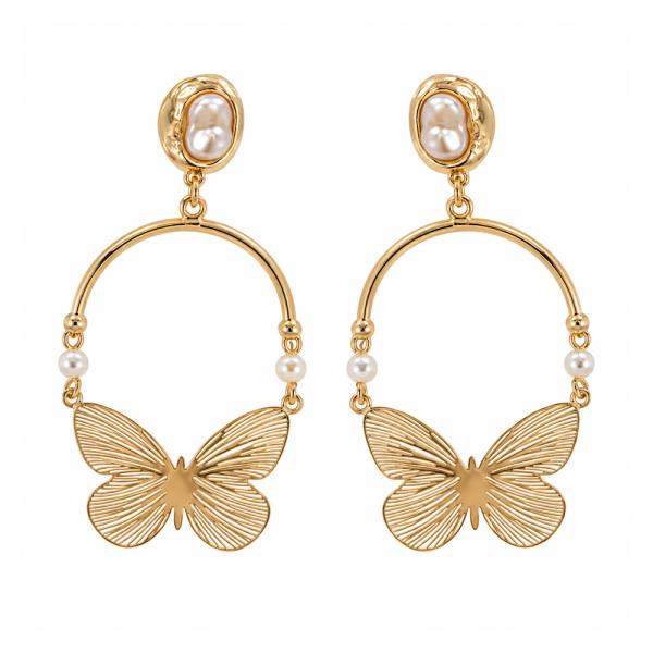 METAL PEARL BUTTERFLY OPEN CIRCLE DANGLE EARRING