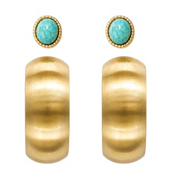 METAL WESTERN OVAL STONE STUD PUFFY HOOP EARRING 2 PAIR SET