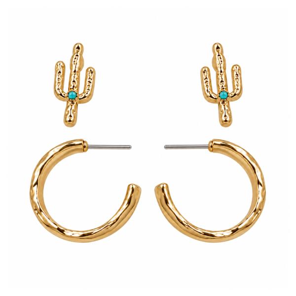 METAL RHINESTONE WESTERN CACTUS STUD HOOP EARRING 2 PAIR SET