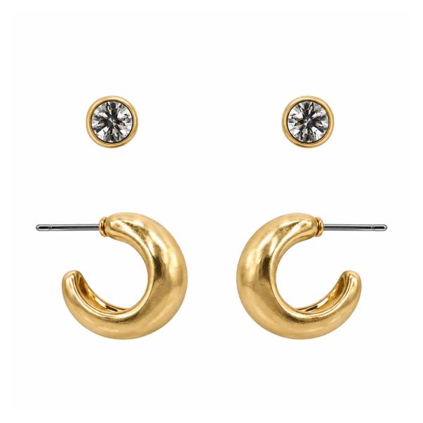 METAL CRYSTAL STONE ROUND STUD PUFFY HOOP EARRING 2 PAIR SET