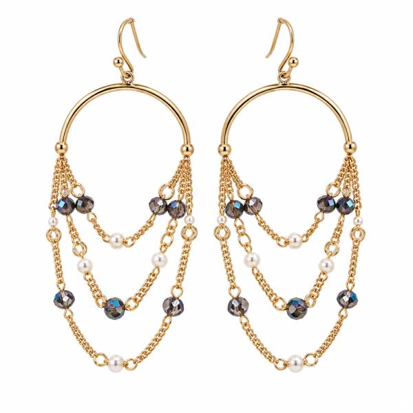 METAL PEARL FACETED BEAD DRAPED CHAIN DROP EARRING