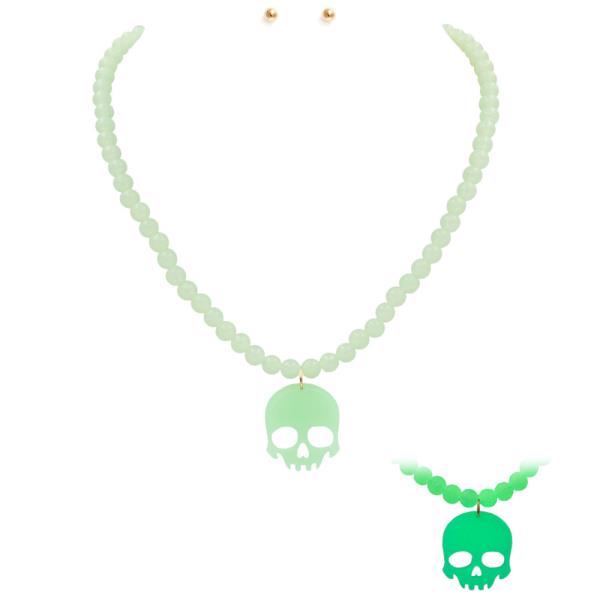 GLOW IN THE DARK HALLOWEEN GHOST SKULL BEADED NECKLACE EARRING SET