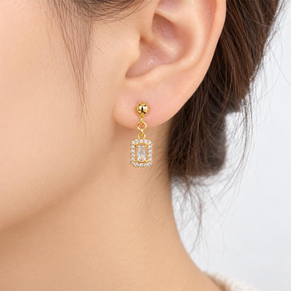14K GOLD DIPPED CZ STONE RECTANGLE DANGLE EARRING
