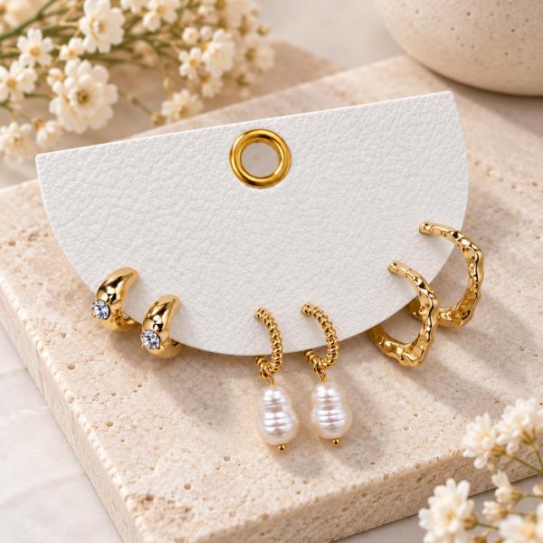 RHINESTONE PEARL ROPE ORGANIC PUFFY HOOP EARRING 3 PAIR SET