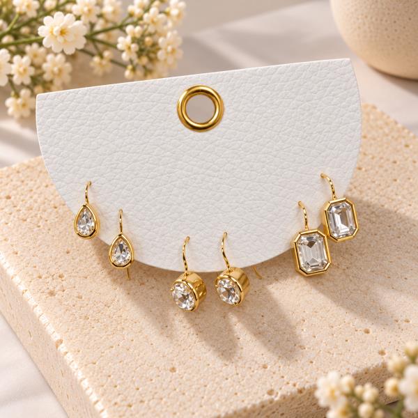 CRYSTAL STONE BEZEL TEARDROP ROUND RECTANGLE DANGLE EARRING 3 PAIR SET